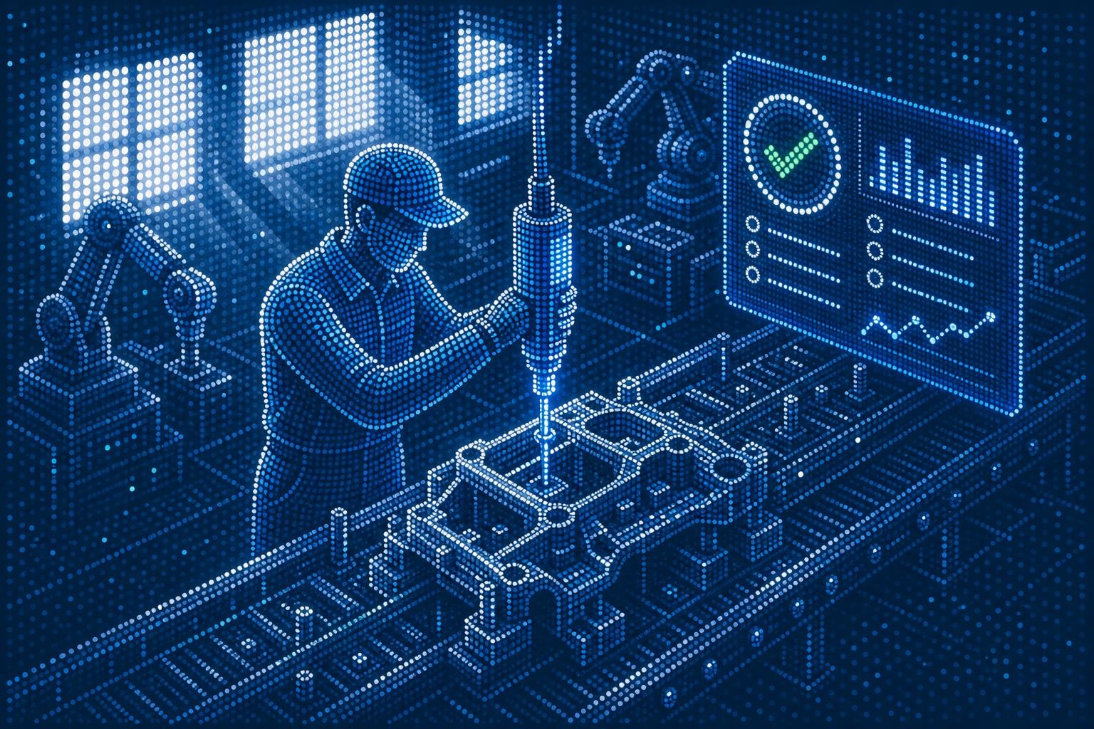 Isometric illustration of a precision assembly line in an automotive factory: a worker uses an electronic torque tool on a component, a digital display shows a green checkmark and quality data, clean industrial environment with daylight from large windows