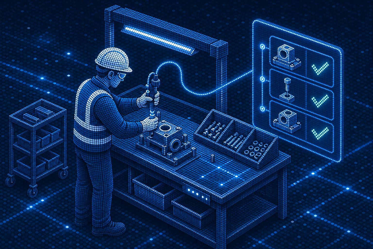 Isometric illustration of an industrial assembly workstation: a worker in safety gear holds a precision torque wrench connected to a display screen showing step-by-step assembly instructions with green checkmarks. Clean factory environment, organized tool station, soft overhead lighting.