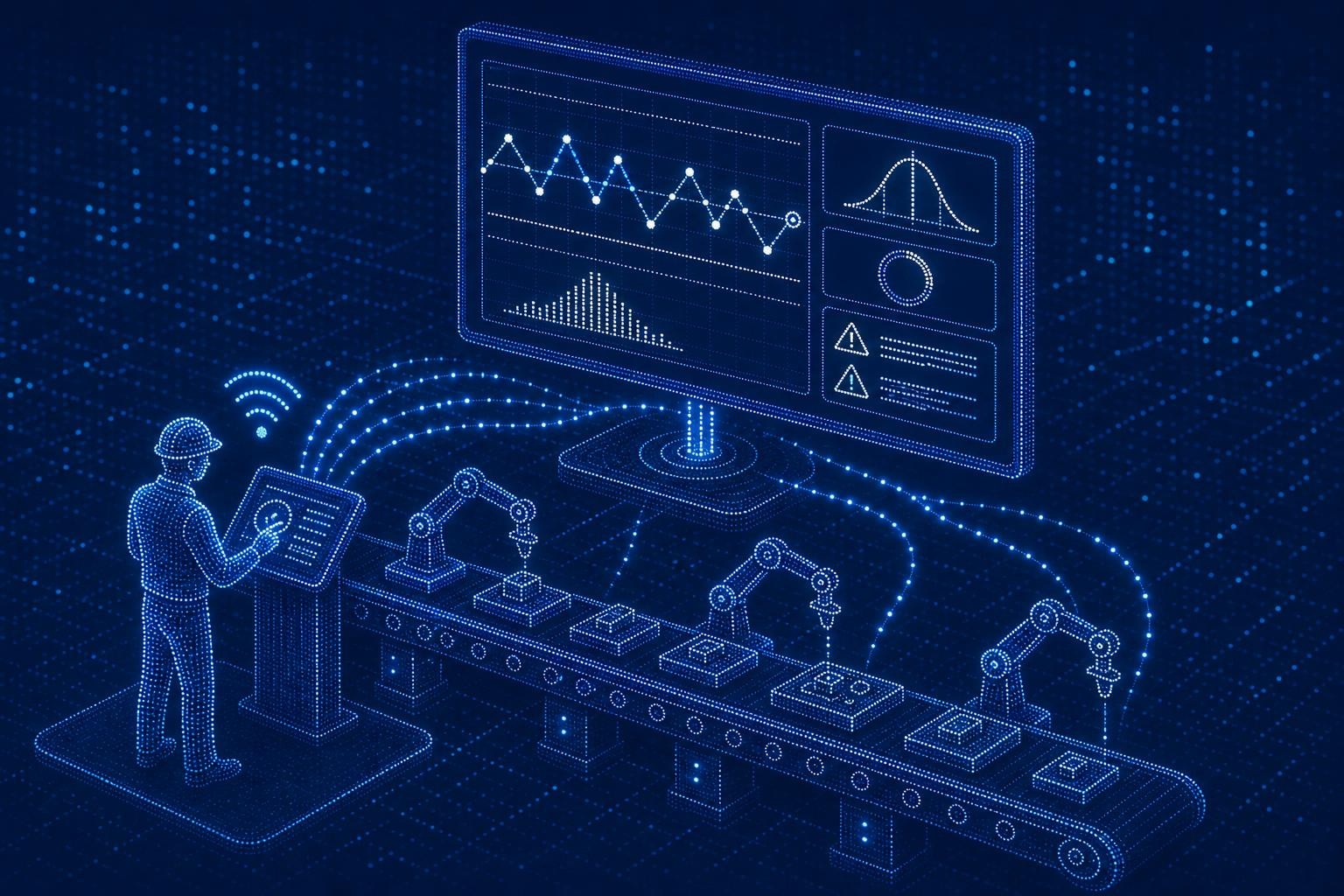 Isometric illustration of a smart factory assembly line: a worker uses a connected torque wrench at a workstation, data flows via wireless signal to a central monitor showing a real-time control chart with Cpk values and warning indicators