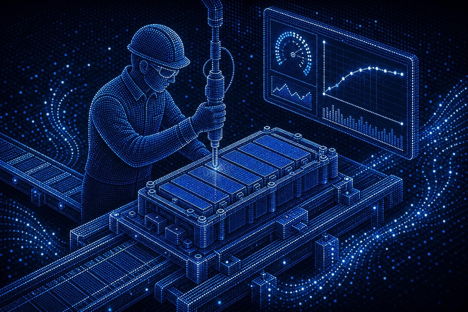 Isometric illustration of a battery module assembly line: a technician uses an electronic torque wrench on a battery pack, a monitor on the wall shows real-time torque and angle data, clean industrial environment with overhead lighting