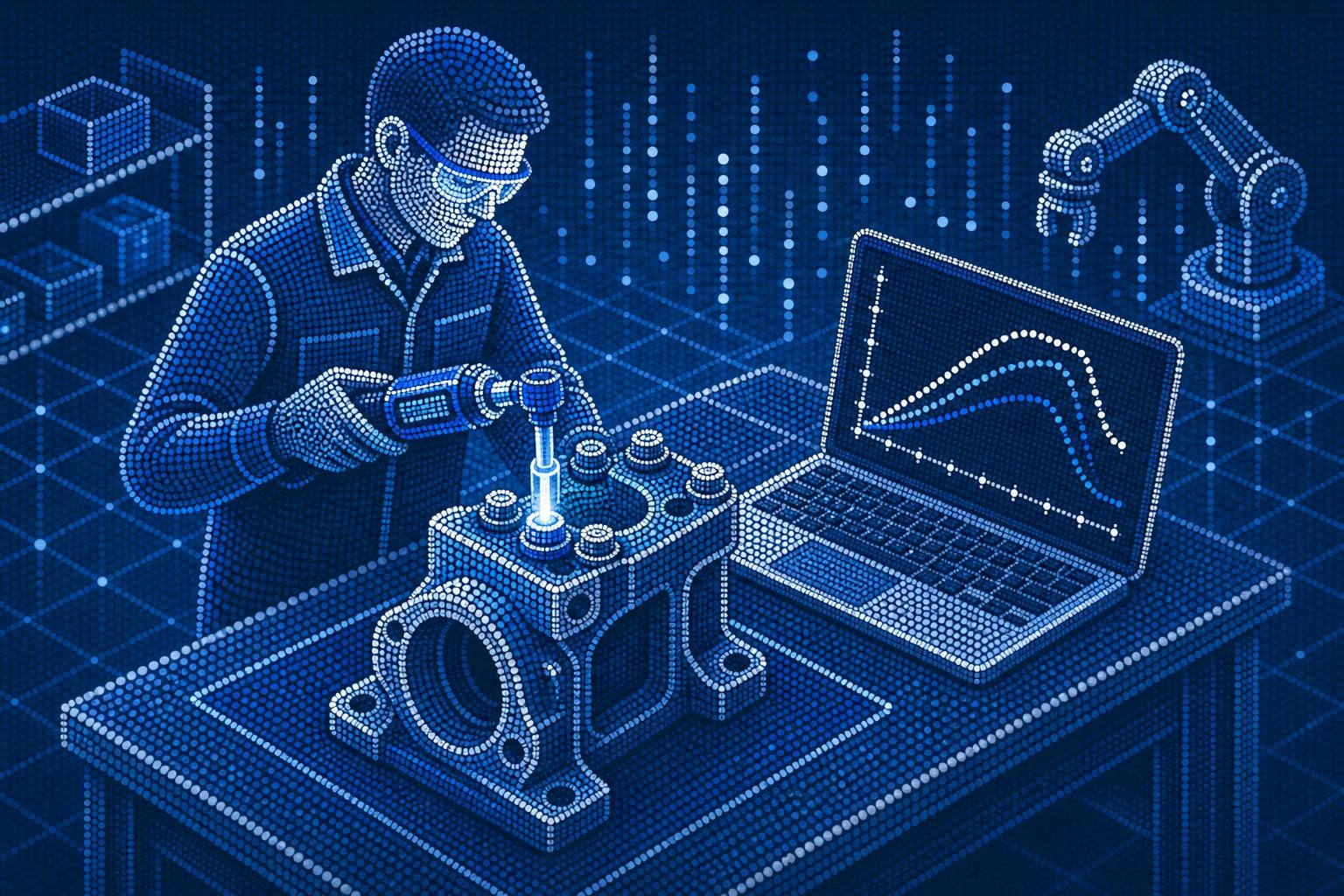 Isometric illustration of a quality engineer in a modern automotive assembly plant, holding a precision electronic torque measurement tool, checking a bolted joint on a component. Clean industrial environment, workbench with a laptop showing torque-angle curves, soft overhead lighting.