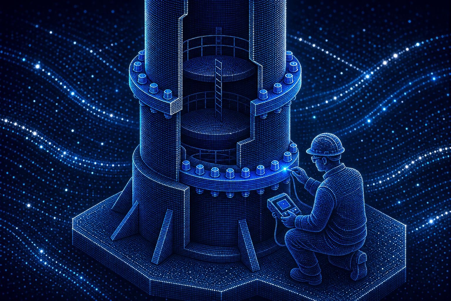 Isometric illustration of a wind turbine tower cross-section showing multiple flange connections between tower segments, with close-up detail of bolted flange rings and a technician with a handheld measurement tool inspecting a connection