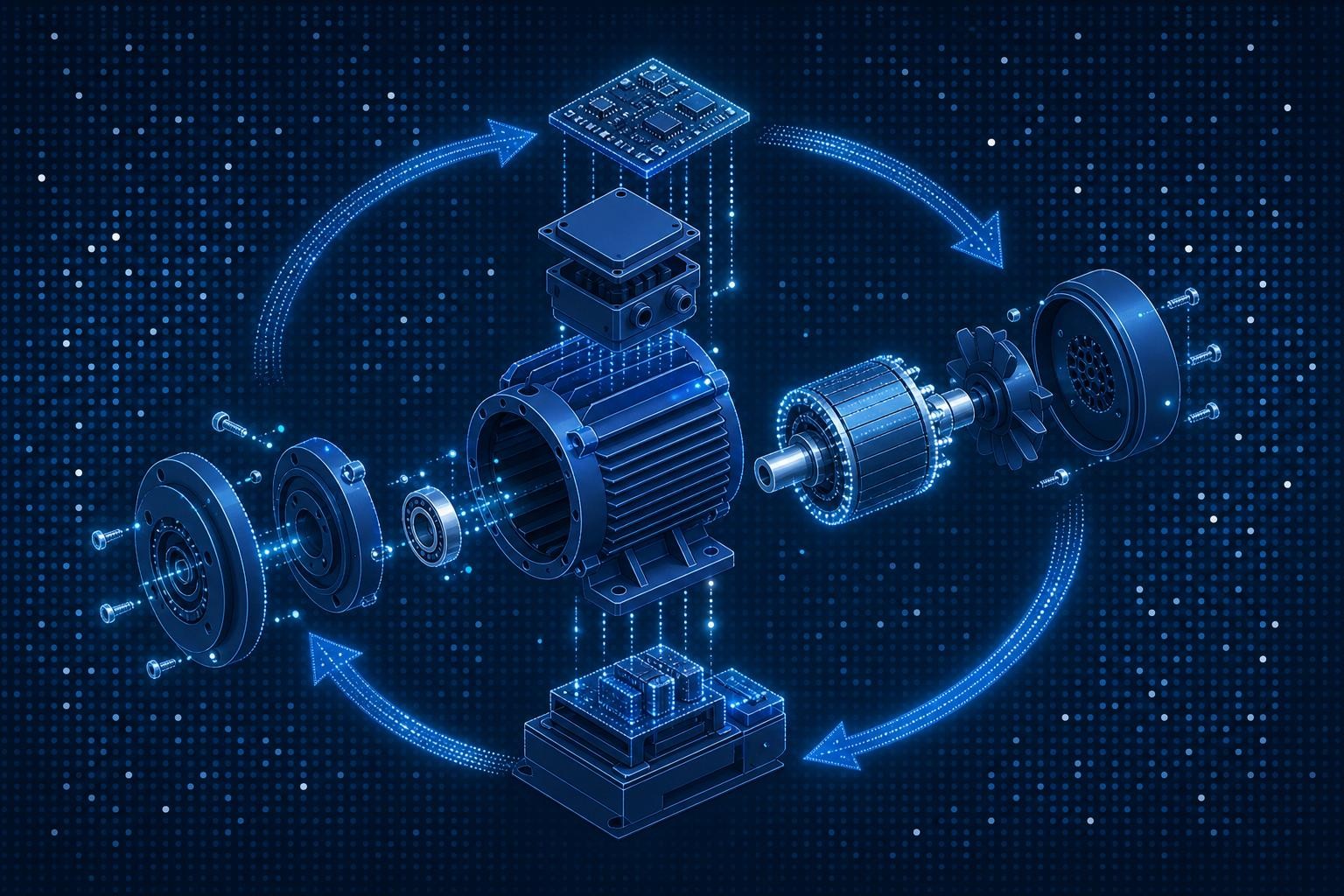 Isometric technical illustration showing a disassembled industrial product with clearly visible bolted connections, individual components laid out in an organized manner, with arrows indicating the circular flow from assembly to disassembly to reuse, clean workshop environment with soft industrial lighting