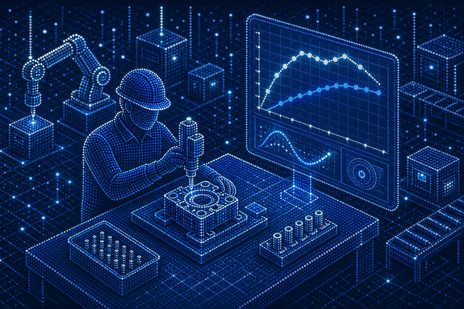 Isometric illustration of a precision assembly workstation in a modern industrial facility: an engineer using an electronic torque wrench on a component, a data display showing torque and angle curves, clean organized workspace with soft overhead lighting