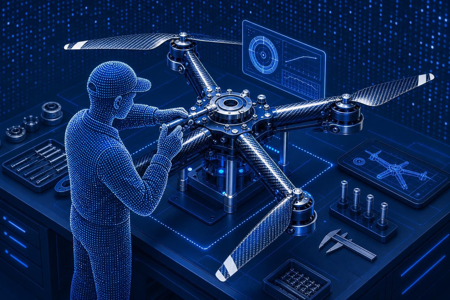 Isometric illustration of a clean aerospace assembly workstation with a technician using a precision torque tool on a lightweight eVTOL rotor hub assembly, carbon fiber components visible, digital display showing torque and angle values, bright workshop lighting