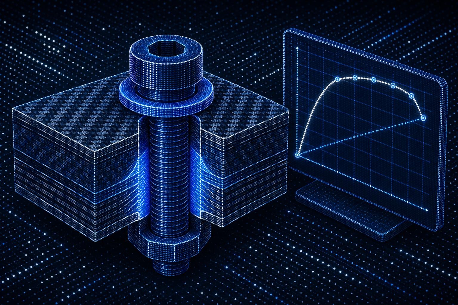 Technical isometric illustration of a cross-section of a CFK composite aircraft structural joint with a titanium bolt, showing the clamping zone, washer, and a digital torque-angle analysis curve displayed on a screen beside the assembly, clean engineering diagram style