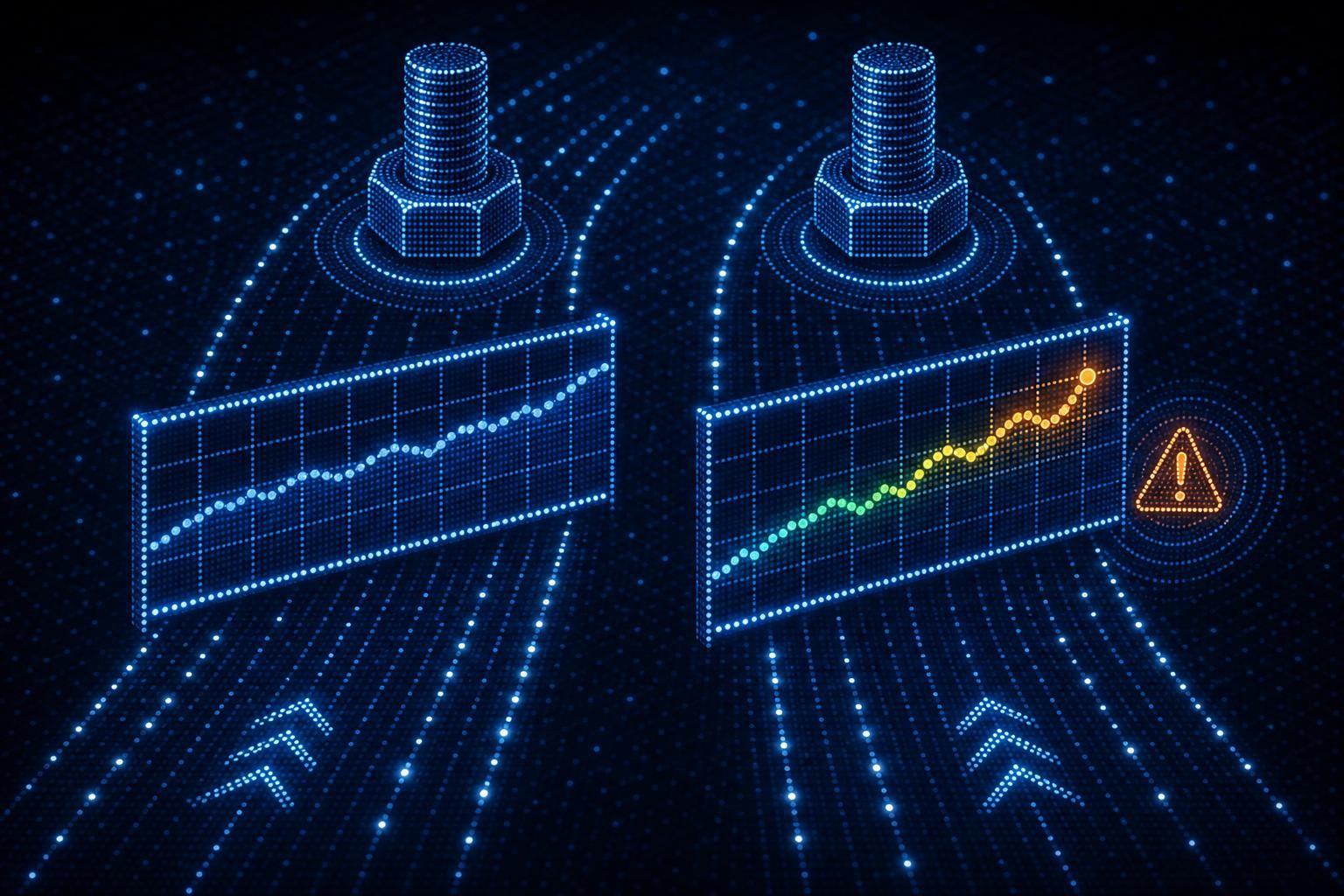 Isometric diagram showing two parallel data streams from a production assembly line: on the left, a rigid tolerance band with a bolt tightening curve drifting slowly toward the upper limit undetected; on the right, an adaptive anomaly detection model highlighting the same drift as an early warning signal, with a subtle color gradient from green to amber on the curve