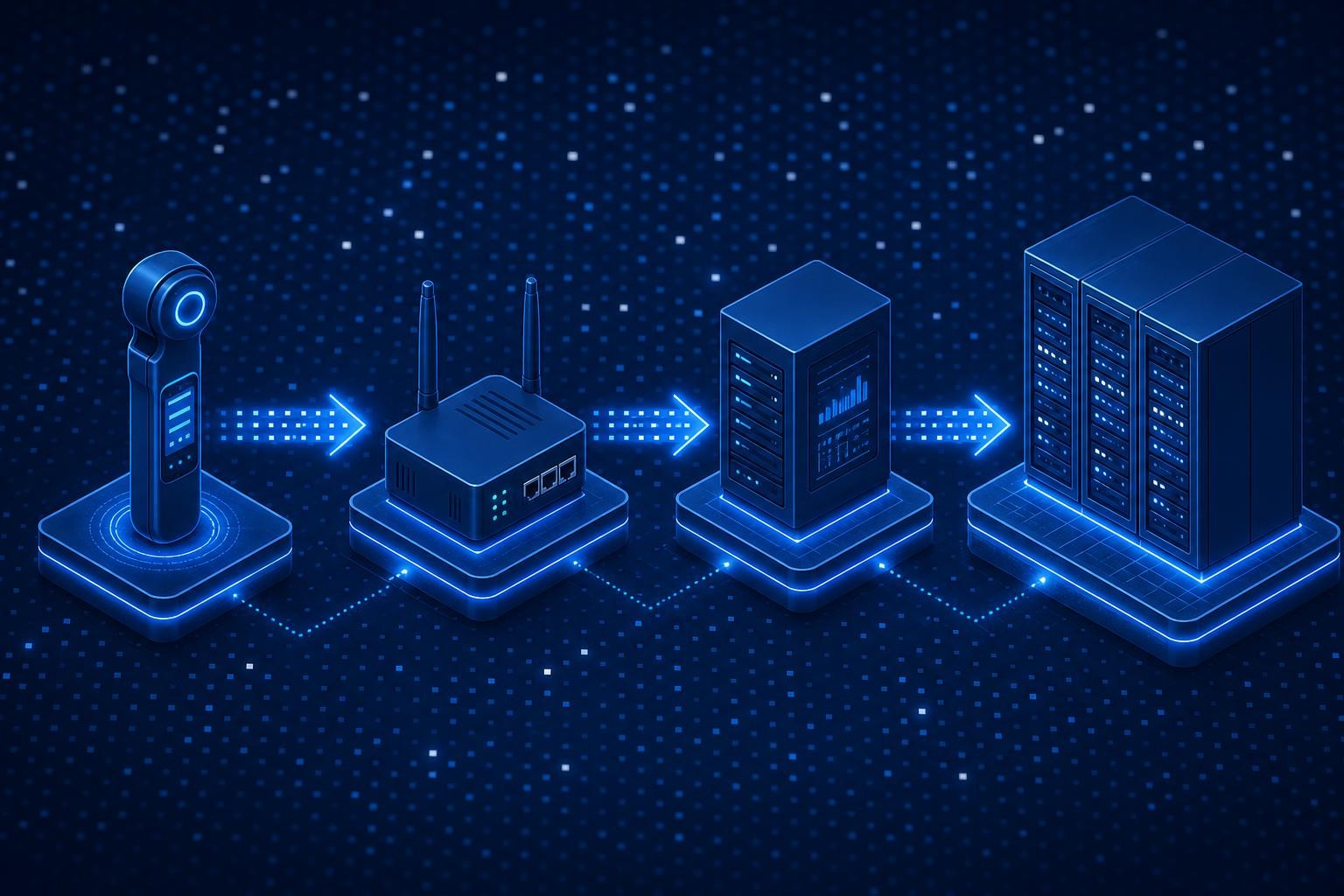 Isometric diagram of a smart factory integration architecture: a handheld torque wrench on the shop floor sending data via WLAN to an edge gateway, which connects upward to an MES server and further to an ERP system in a server rack, with labeled data flow arrows between each layer