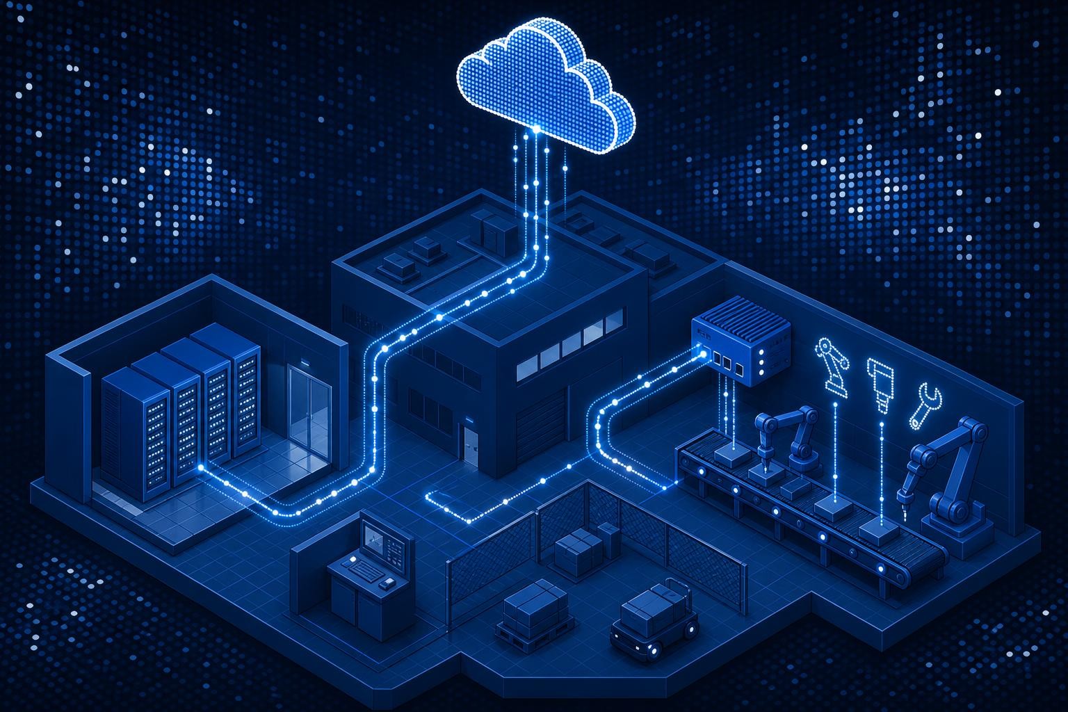 Isometric diagram of a smart factory floor showing three data flow paths: one going to an on-premise server rack in a server room, one going to a cloud symbol above the building, and one showing an edge computing gateway mounted near an assembly line with tools connected to it. Clean, technical illustration style.