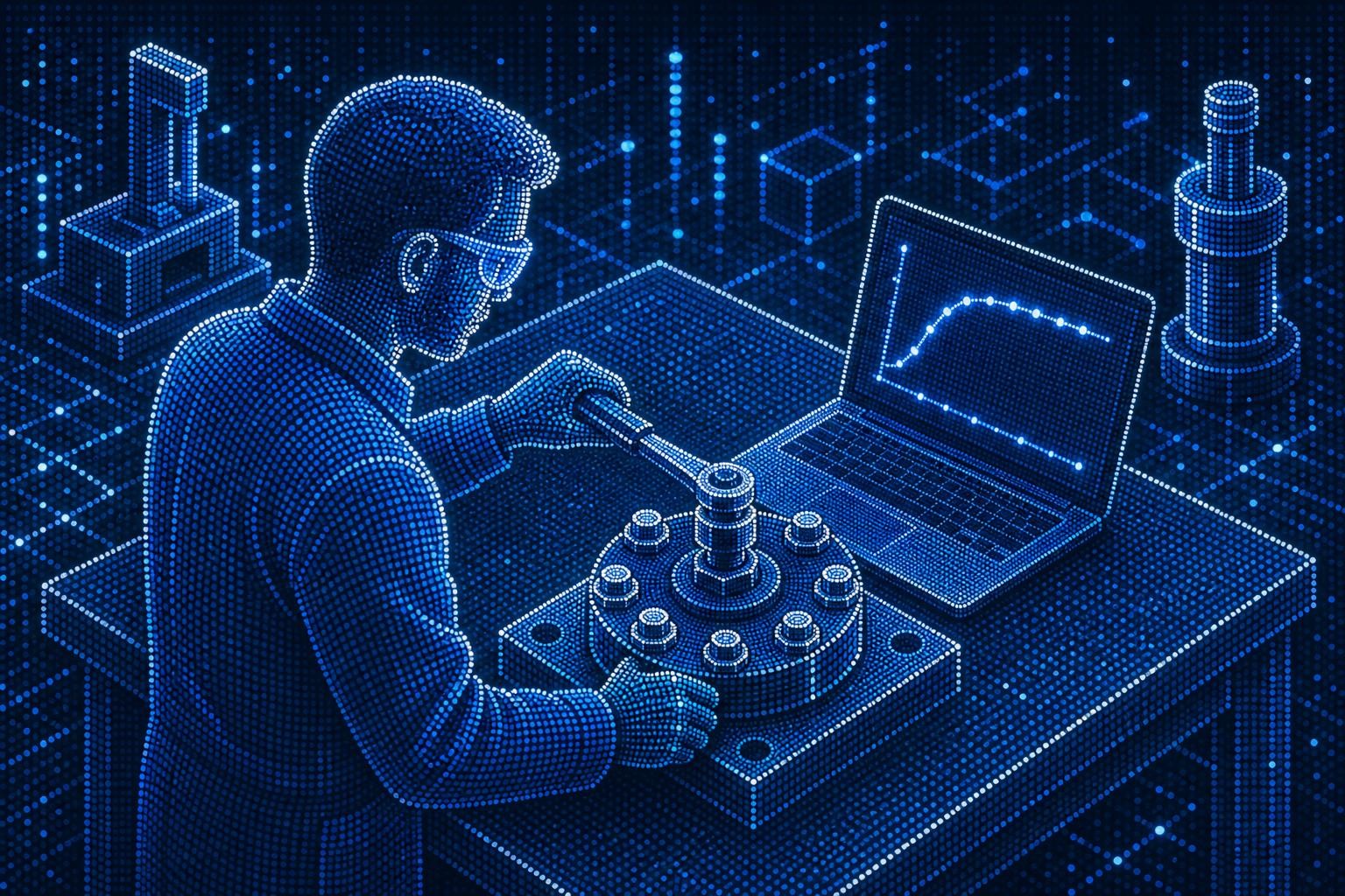 Isometric illustration of an engineer at a lab workbench analyzing a bolted joint with a precision torque-angle measurement tool, laptop screen showing a torque-angle curve graph, clean industrial lab environment, natural side lighting