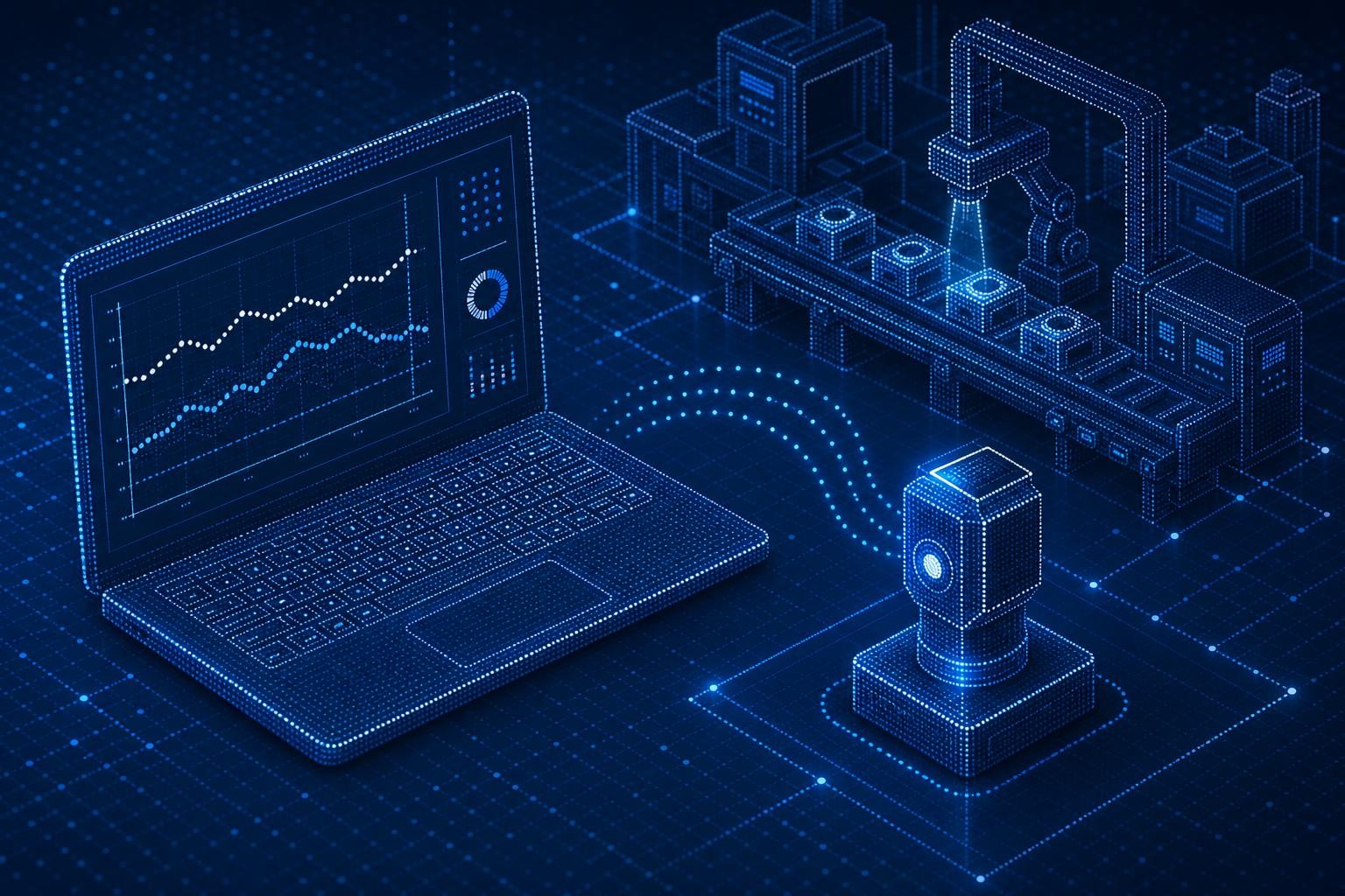 Isometric illustration of a modern industrial assembly station: a precision torque wrench connected via WLAN to a laptop showing a real-time measurement trend chart with drift indicators and calibration threshold markers, clean factory floor background with soft overhead lighting