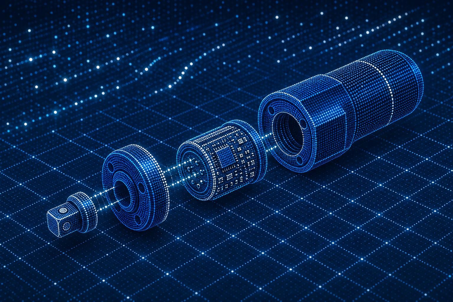 Isometric technical illustration of a modular torque tool being disassembled on a clean industrial workbench, showing individual components laid out systematically - sensor unit, drive square, housing - with precision engineering detail, soft workshop lighting