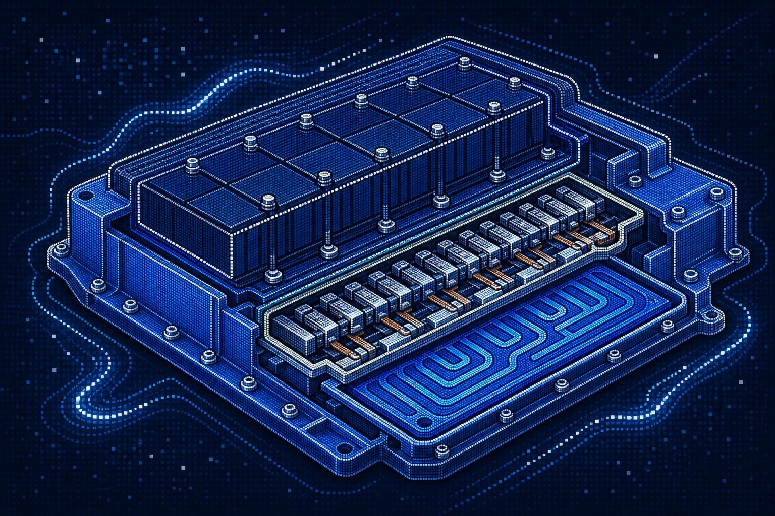 Isometric technical illustration of an EV battery pack cross-section showing four labeled assembly zones: module stack fastening, housing and crash structure bolting, cell contact system (ZKS), and cooling plate mounting. Clean engineering diagram style with color-coded zones.