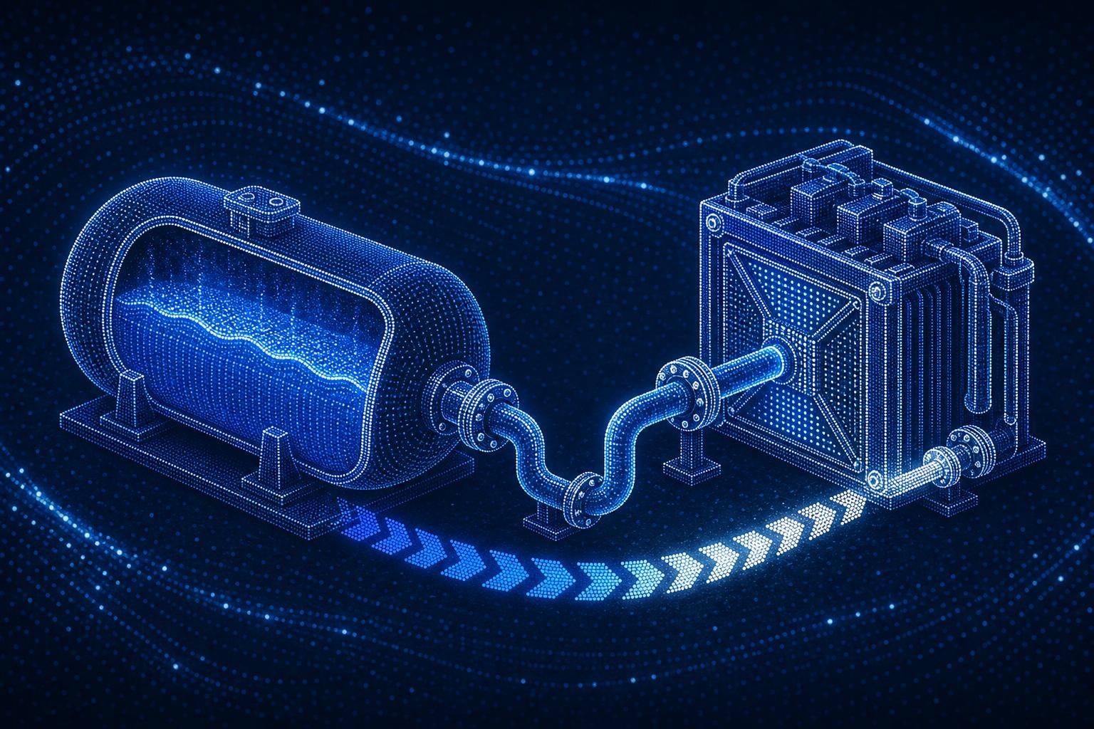 Cross-section technical illustration of a hydrogen aircraft fuel system: cryogenic LH2 tank on the left connected via insulated piping and flanged joints to a fuel cell stack on the right, with temperature gradient arrows showing the transition from -253°C to ambient, isometric engineering style, clean white background