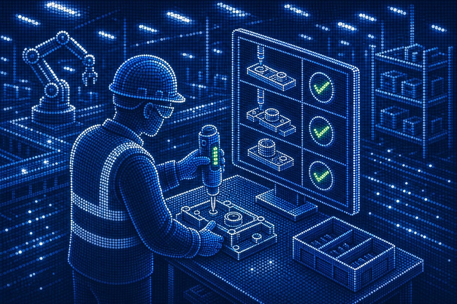 Isometric illustration of a modern industrial assembly workstation: a worker in safety gear using an electronic torque tool, a large monitor showing step-by-step assembly instructions with green checkmarks, indicator LEDs on the tool glowing green, clean factory floor environment with soft overhead lighting