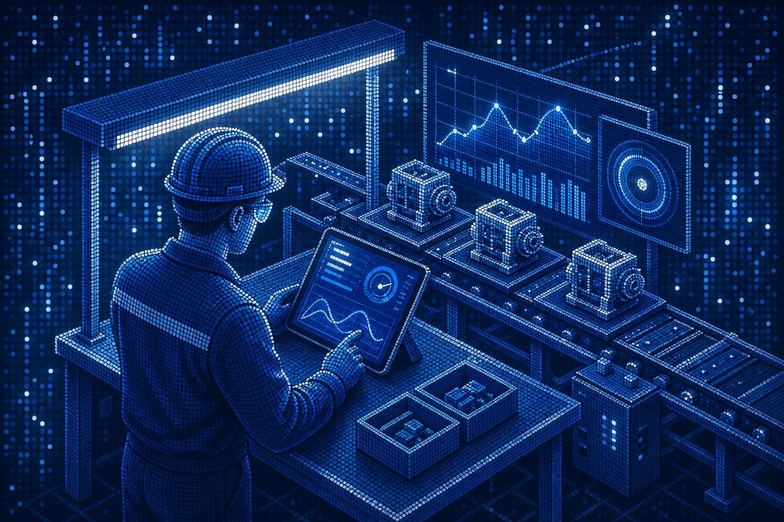 Ilustración isométrica de un puesto de trabajo moderno en una línea de montaje: un técnico con equipo de seguridad utilizando una llave de par digital, una pantalla de tableta que muestra parámetros de proceso y curvas de par, entorno industrial limpio con iluminación cenital suave