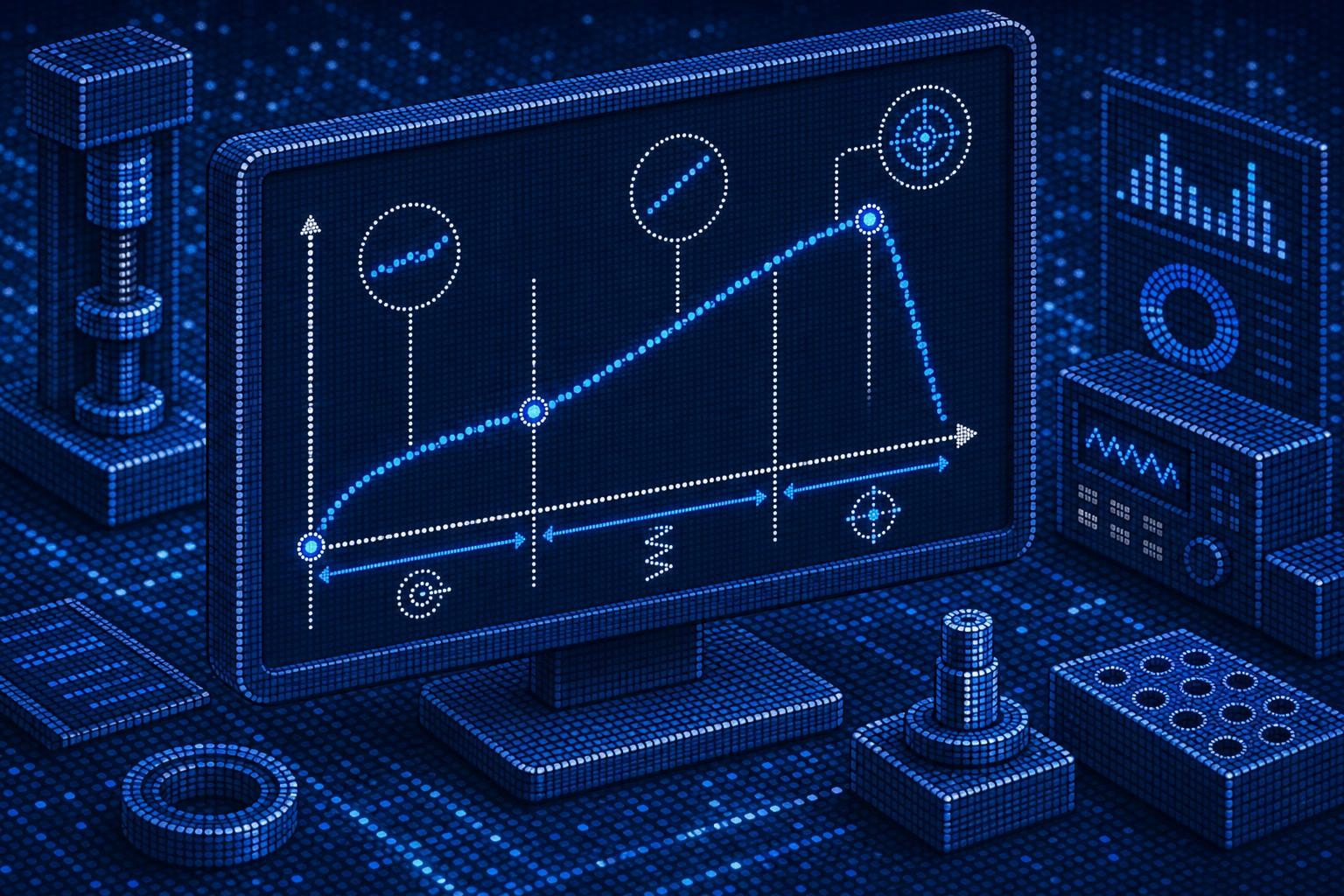 Isometric technical illustration of a torque-angle curve displayed on a monitor in an industrial quality lab, with annotated phases: run-down zone, elastic linear region, and final tightening point. Clean, engineering-style visualization with measurement instruments in the background.