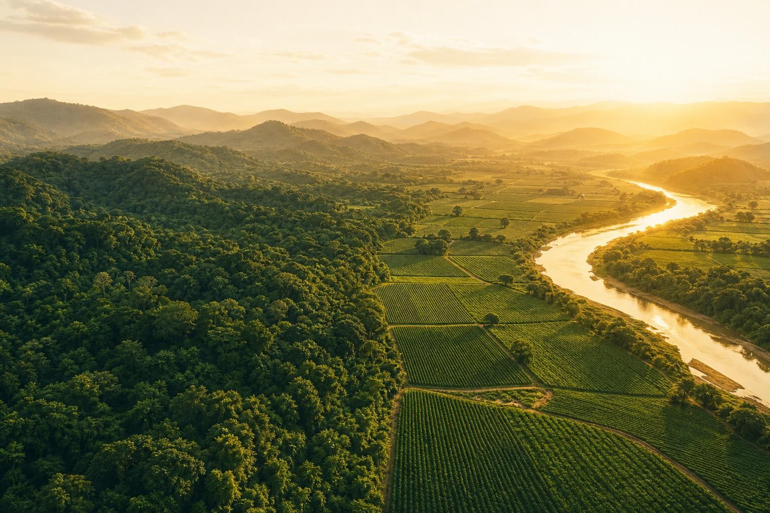 Aerial view of managed forest meeting farmland and a river at golden hour
