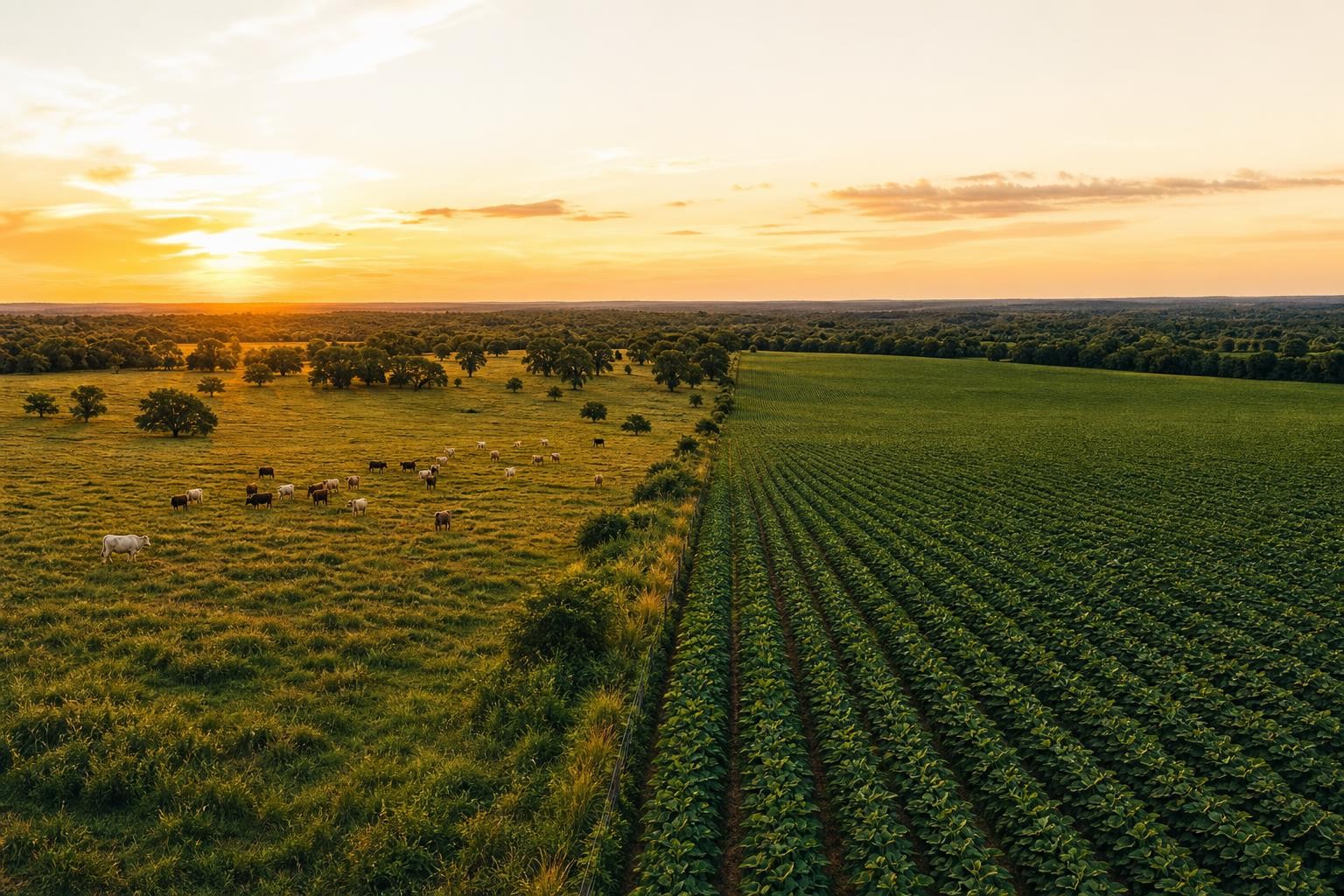 Rangeland with tree groups seen from the air at golden hour