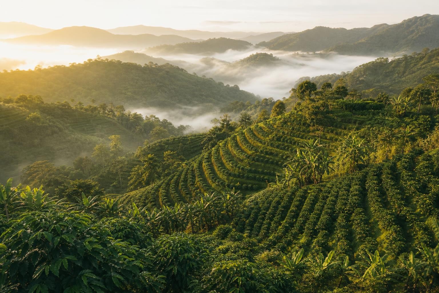 Terraced coffee and cocoa plantations at golden hour