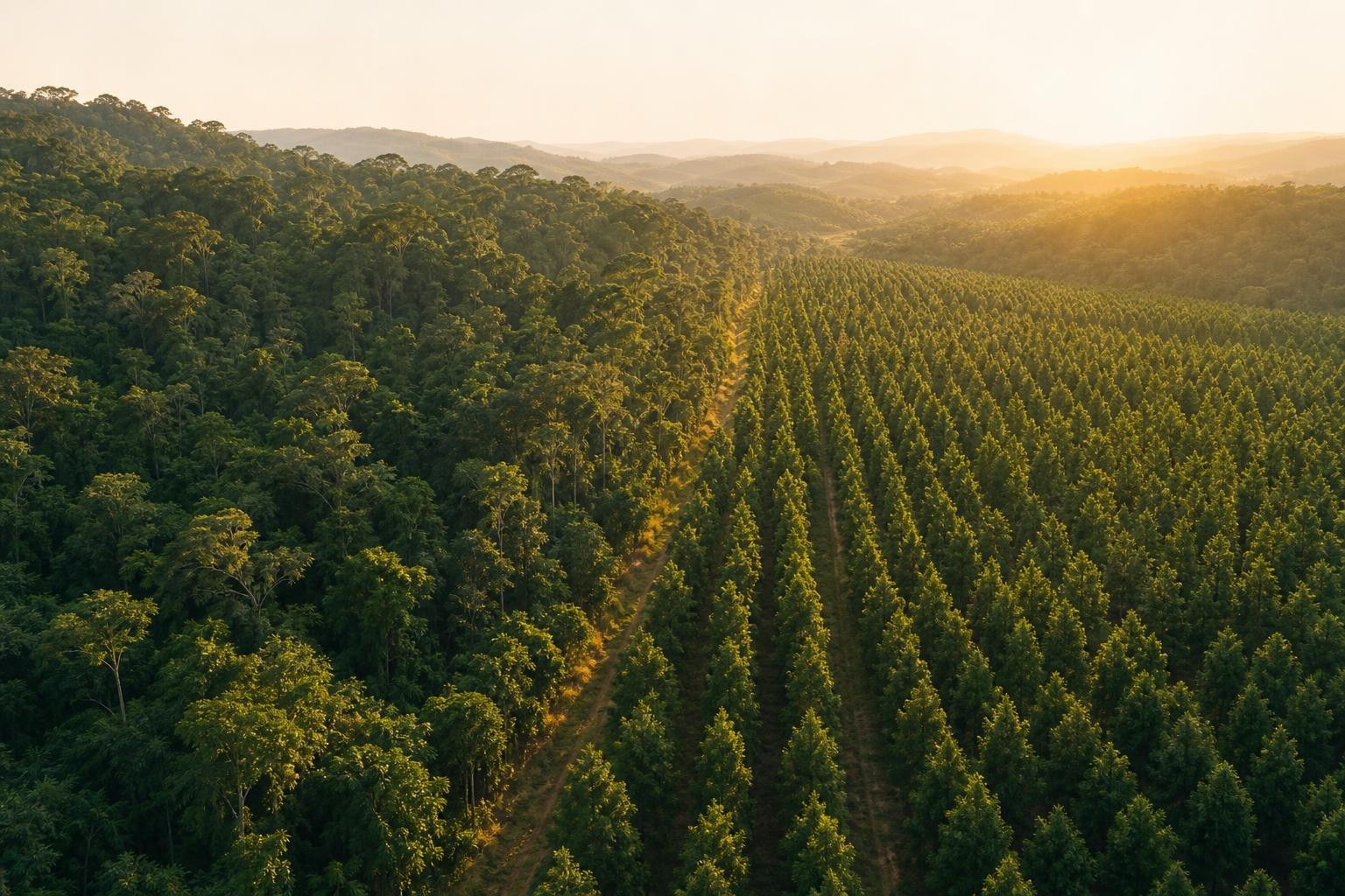 Aerial boundary between intact forest and managed replanted timber rows