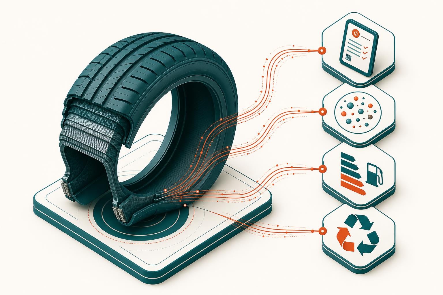 Isometric diagram showing a tyre cross-section with data streams flowing outward to icons representing a digital product passport, a microplastics particle, a fuel efficiency label, and a recycling loop - clean technical illustration on a light background