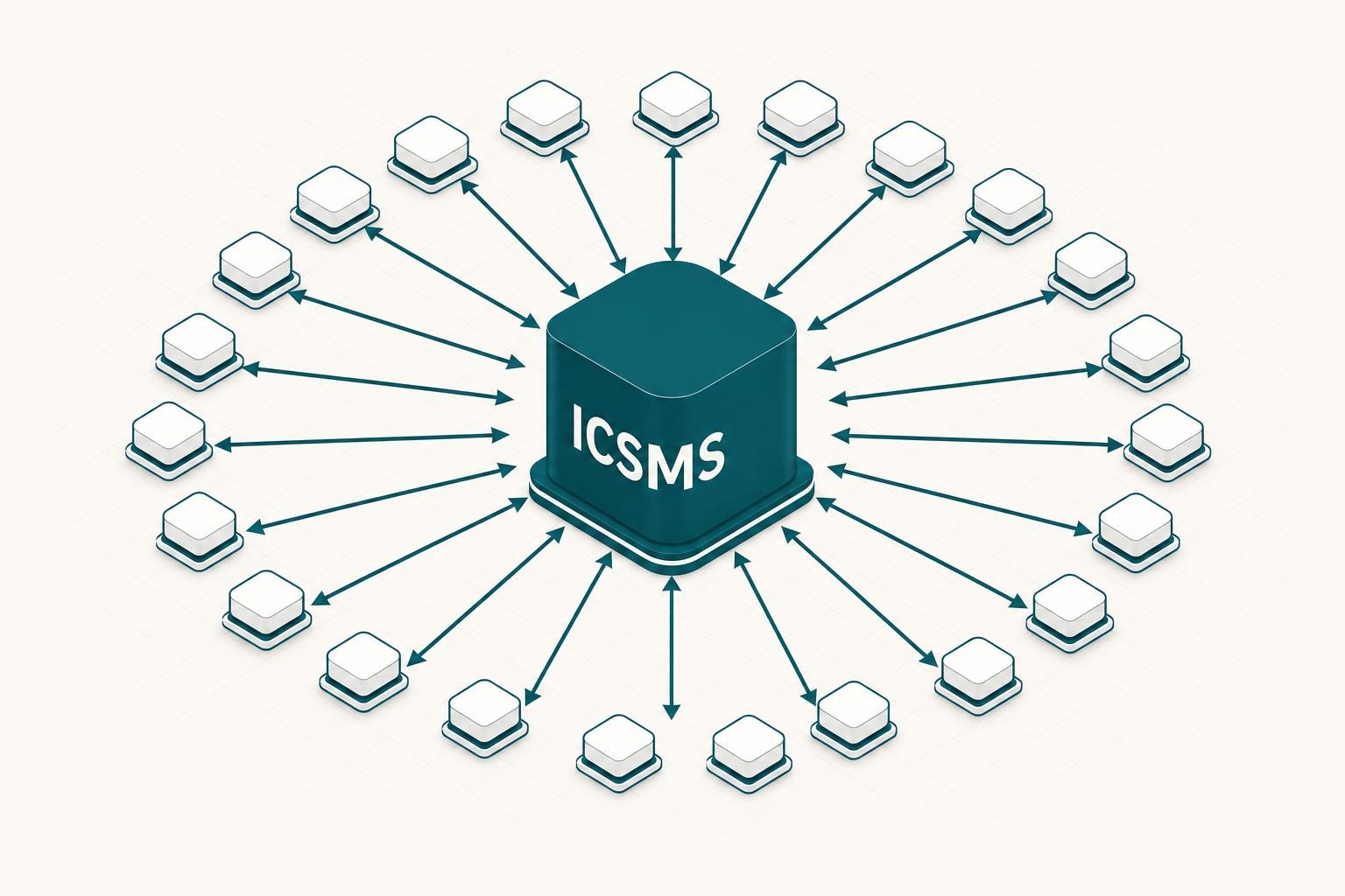 Isometric diagram showing a network of 27 EU member state nodes connected to a central ICSMS hub, with arrows indicating data flow between national market surveillance authorities and a central registry, clean minimal style, dark blue and white palette