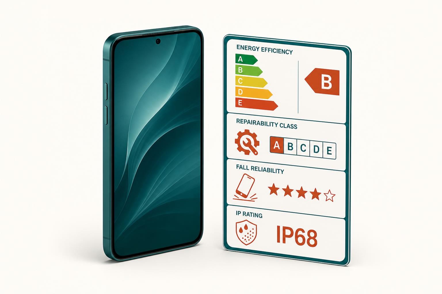 Close-up isometric illustration of a smartphone standing upright next to its EU energy label, showing four rating sections: energy efficiency, repairability class A-E, fall reliability, and IP rating. Clean white background, label details clearly legible.