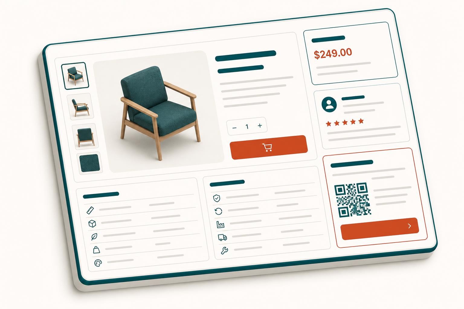 Isometric diagram of a product detail page on an e-commerce marketplace, showing a DPP data field section with a QR code icon and a 'View Product Passport' link button, alongside standard product information panels for price, seller details, and specifications. Clean, minimal UI style with clear labelling.