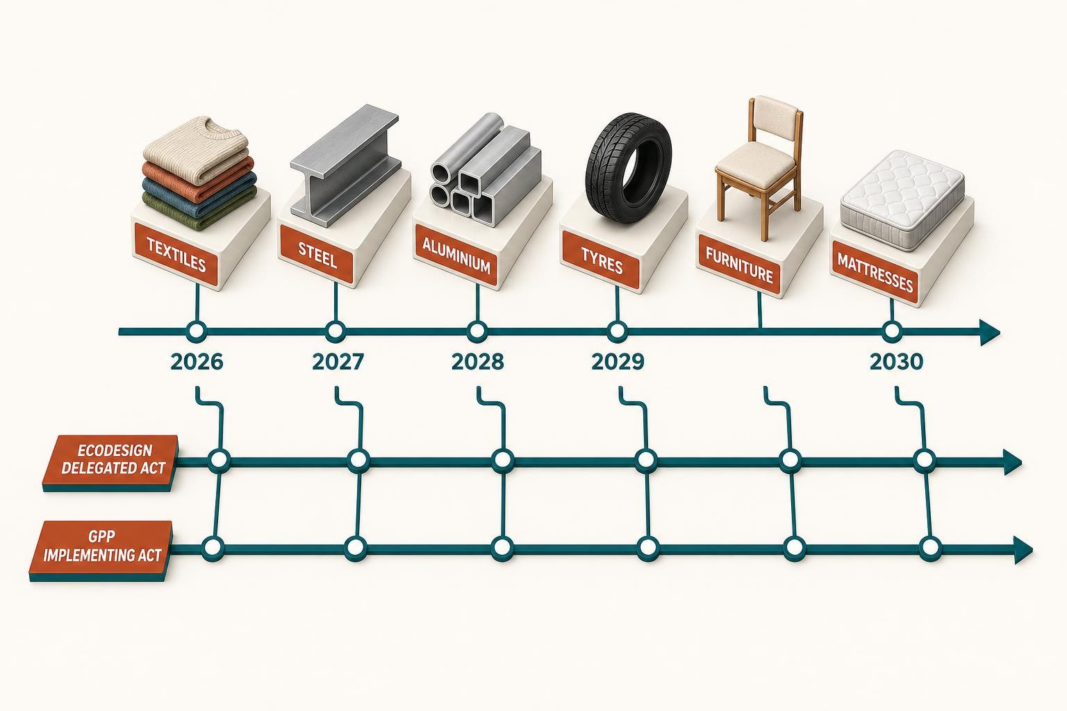 Isometric diagram showing a timeline of EU product groups - textiles, steel, aluminium, tyres, furniture, mattresses - arranged along a horizontal axis from 2026 to 2030, with two parallel tracks labelled 'Ecodesign Delegated Act' and 'GPP Implementing Act' running beneath each group, connected by a vertical bracket