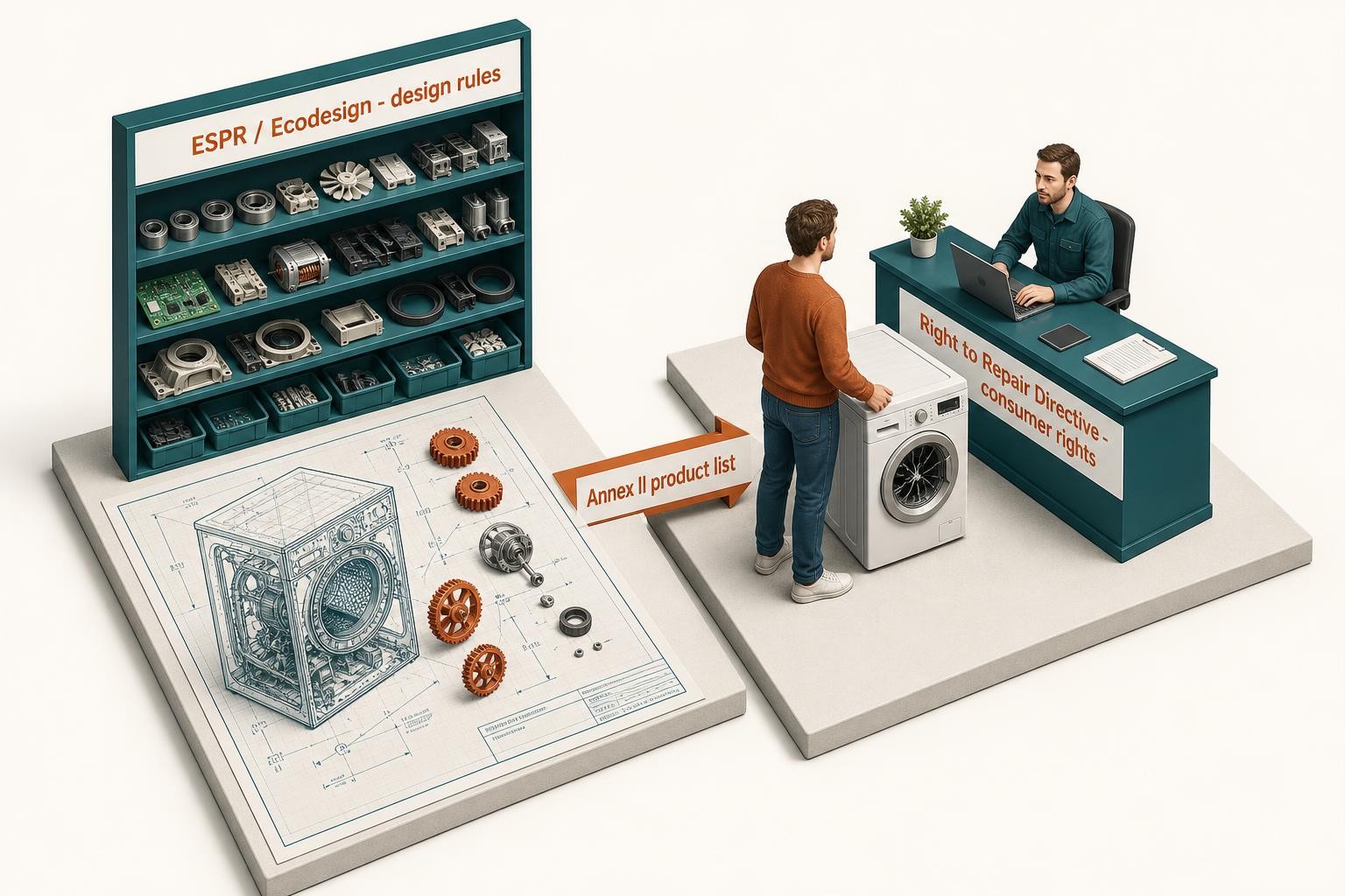 Clean isometric diagram showing two parallel tracks: on the left, a product blueprint with gears and a spare-parts shelf labelled 'ESPR / Ecodesign - design rules'; on the right, a consumer holding a broken appliance facing a manufacturer service desk labelled 'Right to Repair Directive - consumer rights'. A connecting arrow between the tracks is labelled 'Annex II product list'. Minimal, technical illustration style.