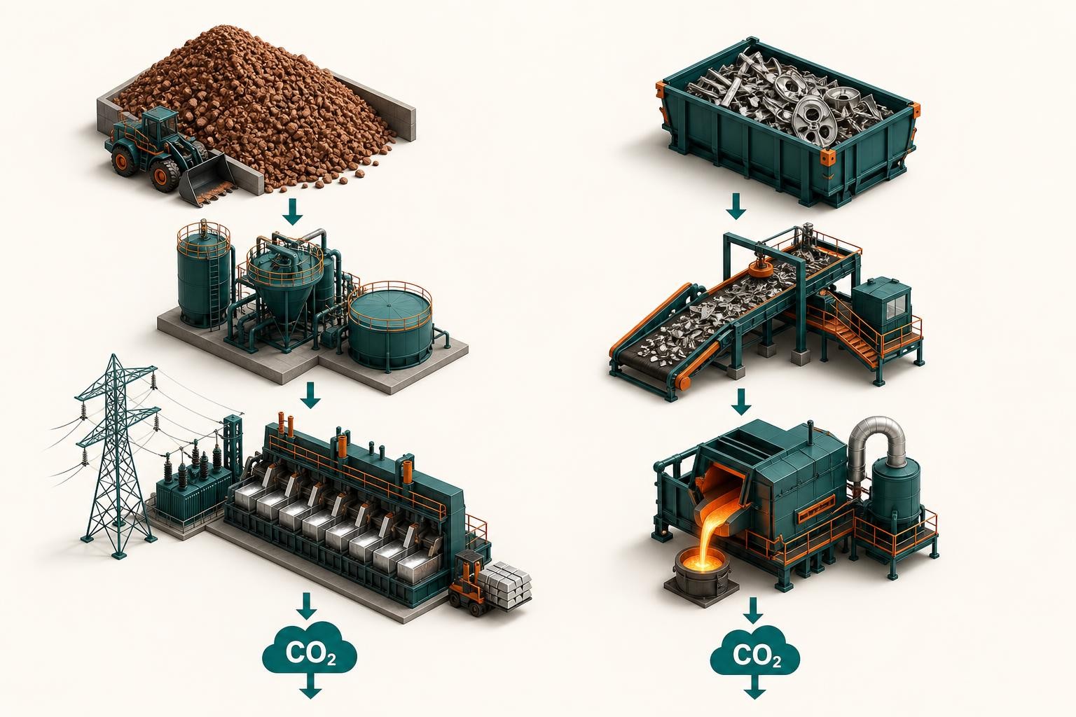 Isometric diagram comparing two aluminium production routes side by side: on the left, primary smelting showing bauxite ore, refinery, and electrolysis pots with high-voltage power lines; on the right, secondary production showing a scrap collection bin, sorting conveyor, and melting furnace. Carbon emission values shown as simple labels beneath each route. Clean technical illustration style.