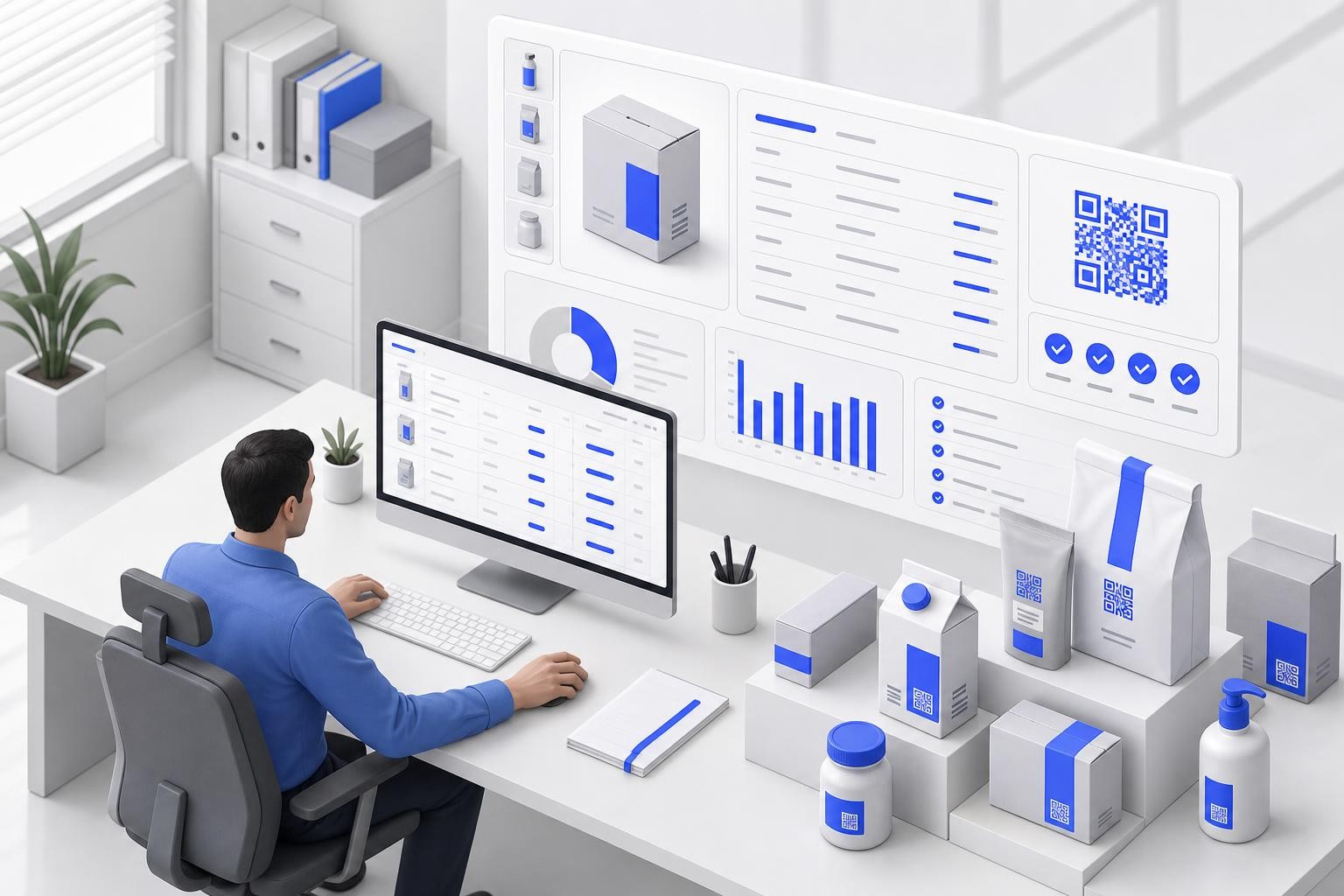 Isometric illustration of a packaging manager at a desk reviewing a structured digital dashboard showing packaging SKU data, material composition fields, QR code previews, and compliance status indicators for multiple product lines, with a clean office environment and soft natural light