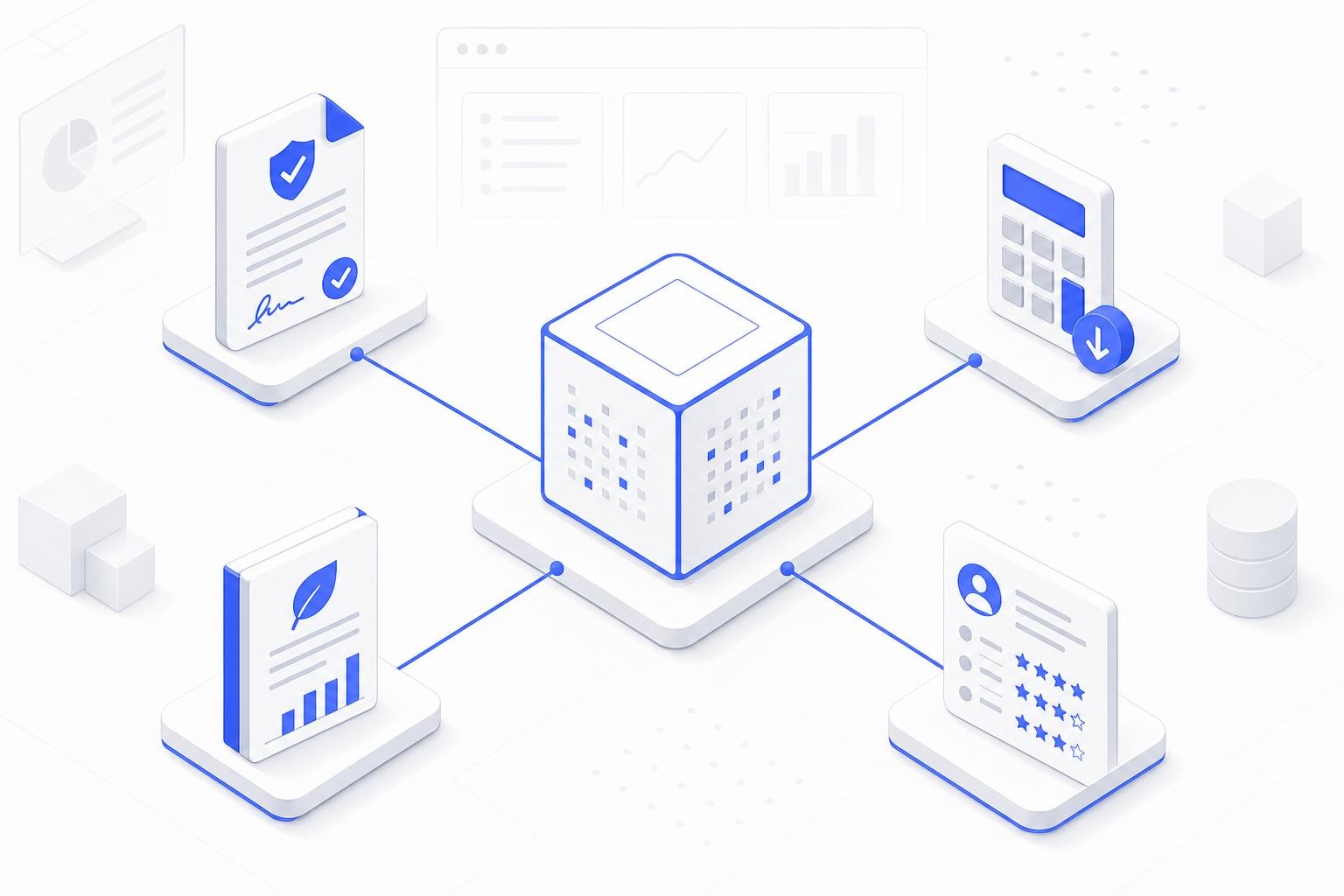 Isometric diagram showing a single central data hub connected to four output streams: PPWR Declaration of Conformity document, EPR fee calculator with downward arrow, CSRD/ESRS E5 sustainability report, and a supplier scorecard. Clean, minimal, professional B2B SaaS aesthetic.