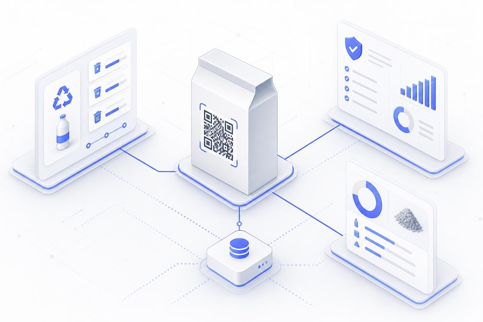 Isometric diagram showing a single QR code on a product package connecting to three separate data layers: a consumer-facing recycling guide, a regulatory authority compliance dashboard, and a recycler's material composition view - all served from one central data hub