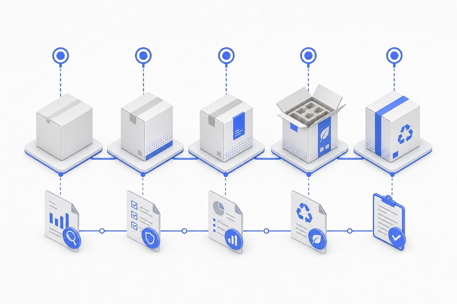 Isometric illustration of a packaging compliance roadmap: a timeline stretching from 2026 to 2030 with milestone markers, showing packaging boxes transforming from simple designs to recyclable formats, with data documents and supply chain icons connecting the stages