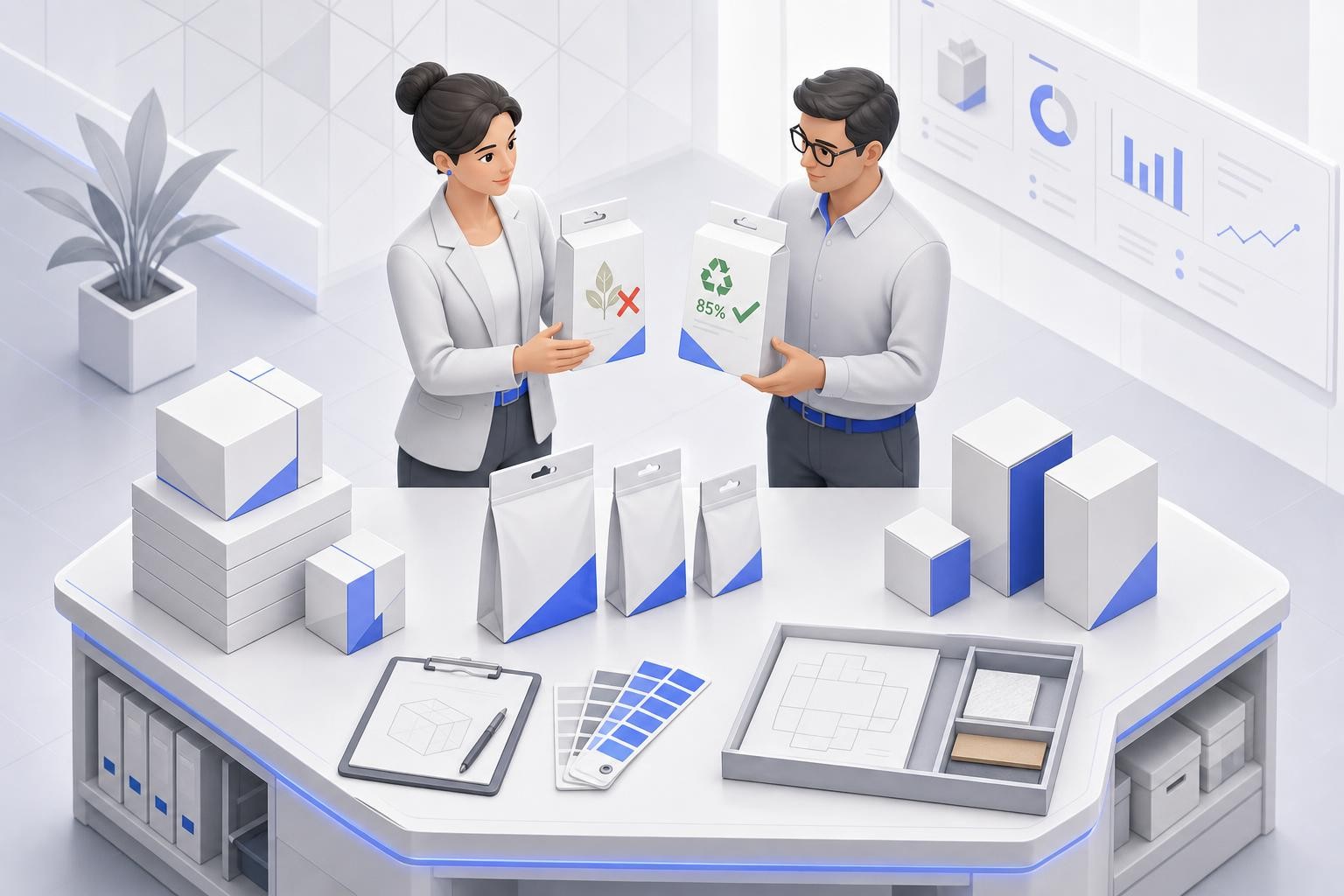 Isometric illustration of a packaging design workstation: a packaging manager and a marketing manager reviewing printed packaging mockups side by side, one showing a red 'X' over a vague green leaf logo, the other showing a green checkmark next to a specific recycled content percentage label. Clean, professional office setting with natural light.