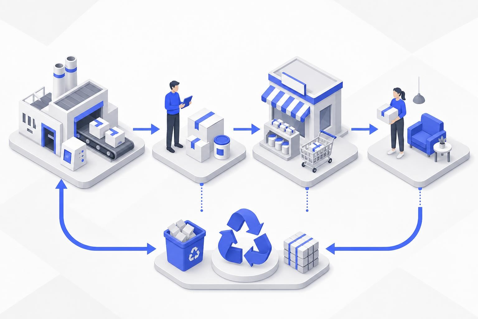 Isometric diagram showing the EU packaging lifecycle under PPWR: a factory producing packaging on the left, flowing through a brand owner, retailer, and consumer, with recycling arrows looping back - clean, professional, muted blue and green tones