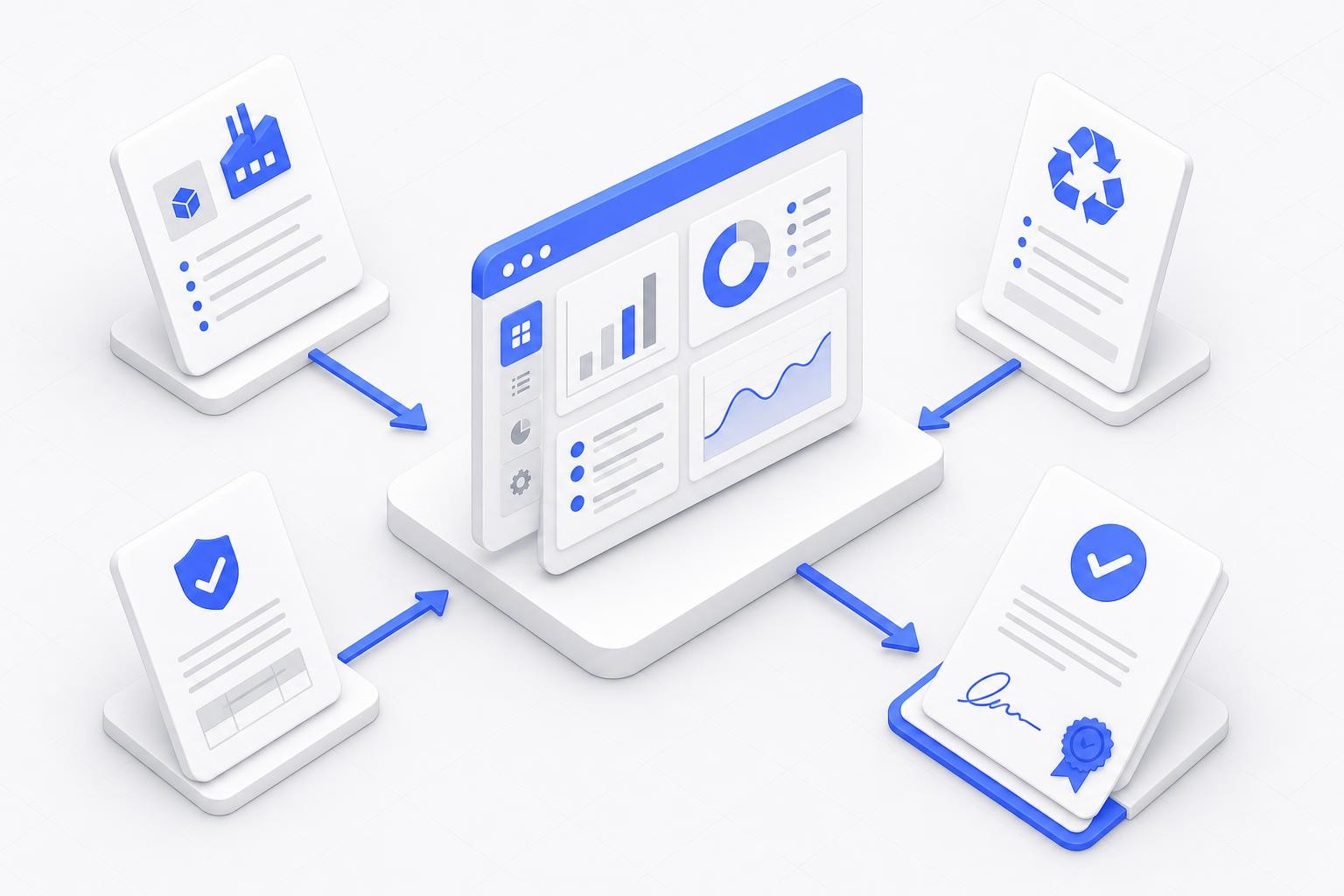 Isometric illustration of a packaging compliance documentation workflow: a central digital platform connecting supplier data sheets, material certificates, recyclability assessments, and a signed declaration of conformity document, with clear arrows showing data flow between components