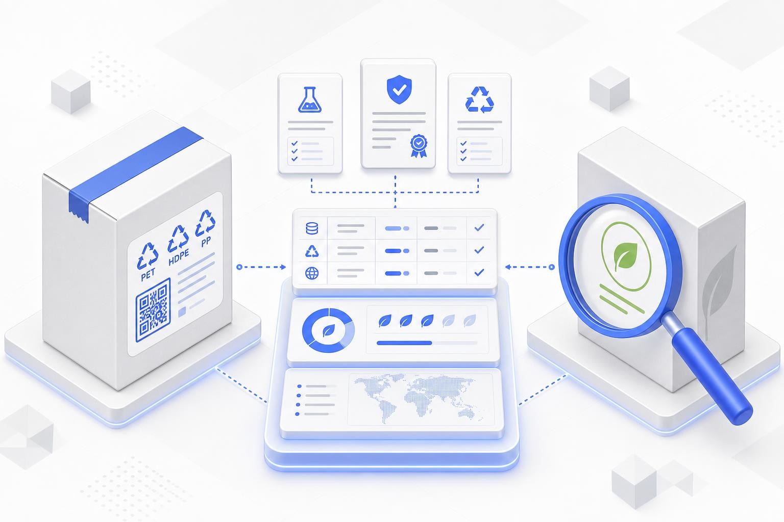 Isometric diagram showing two overlapping compliance frameworks: on the left a packaging label with material symbols and QR code (PPWR), on the right a magnifying glass over a green claim on packaging (ECGT), with a shared data layer in the center connecting both - structured data tables, material certificates, recyclability scores