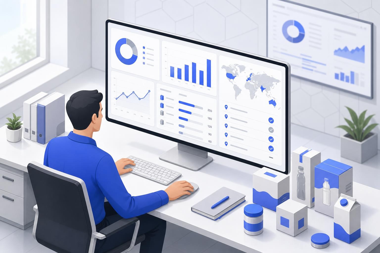 Isometric illustration of a packaging manager at a modern desk reviewing a digital dashboard on a large monitor showing packaging data, material weights by category, and country-specific EPR reporting status indicators. Clean office environment with natural light, organized and efficient atmosphere.
