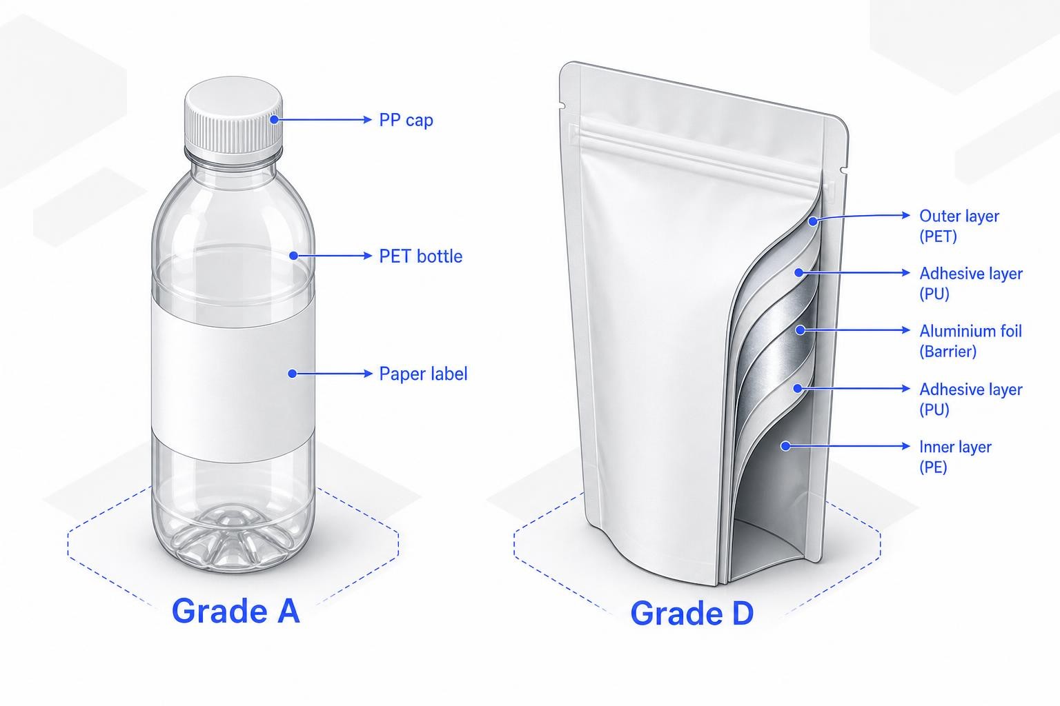 Isometric flat-lay illustration comparing two packaging formats side by side: on the left, a clear PET bottle with a simple paper label and PP cap, labeled 'Grade A'; on the right, a multilayer stand-up pouch with metallic barrier layers shown in cross-section, labeled 'Grade D'. Clean, technical diagram style with muted colors and annotation arrows pointing to key components.