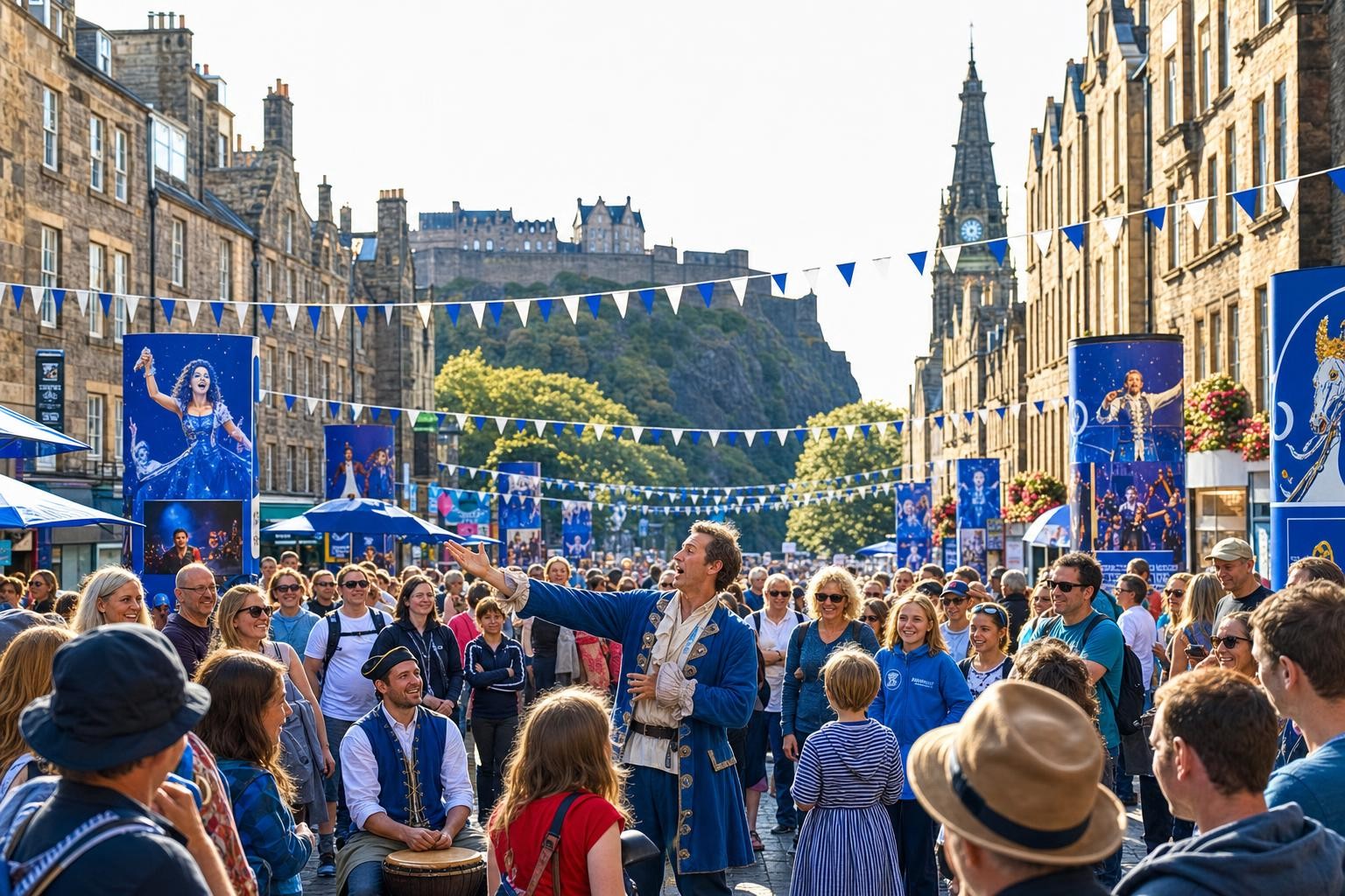 Hero image for a first-timer's guide to the Edinburgh Festival Fringe. Edinburgh's historic Royal Mile / Old Town in warm late-summer August light, lively festival crowds and street performers, colourful show posters and bunting, Edinburgh Castle on the skyline. Photorealistic, vibrant, welcoming. No text.
